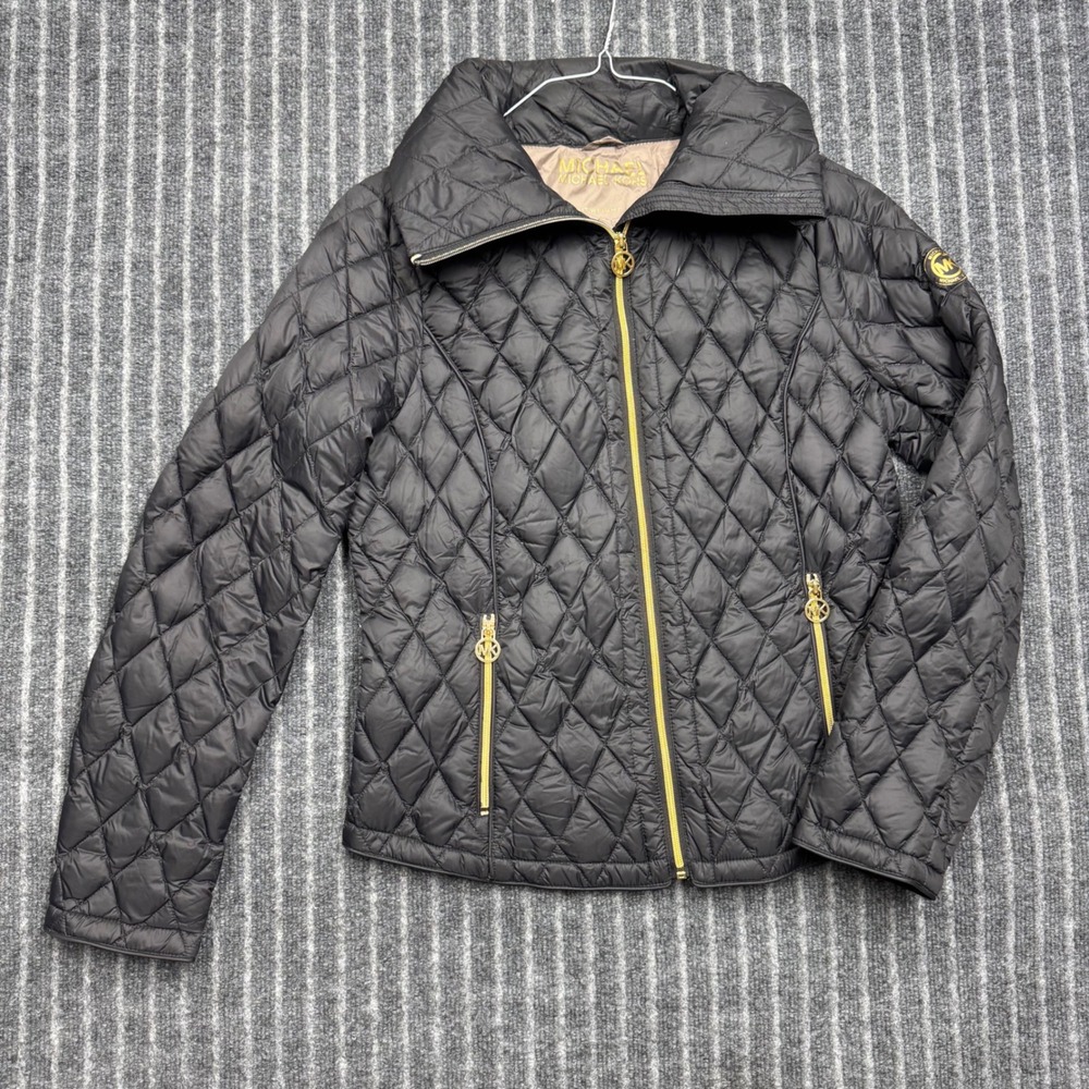 Michael Kors Womens Quilted Down Puffer Jacket Size M Black Gold Zip Lightweight